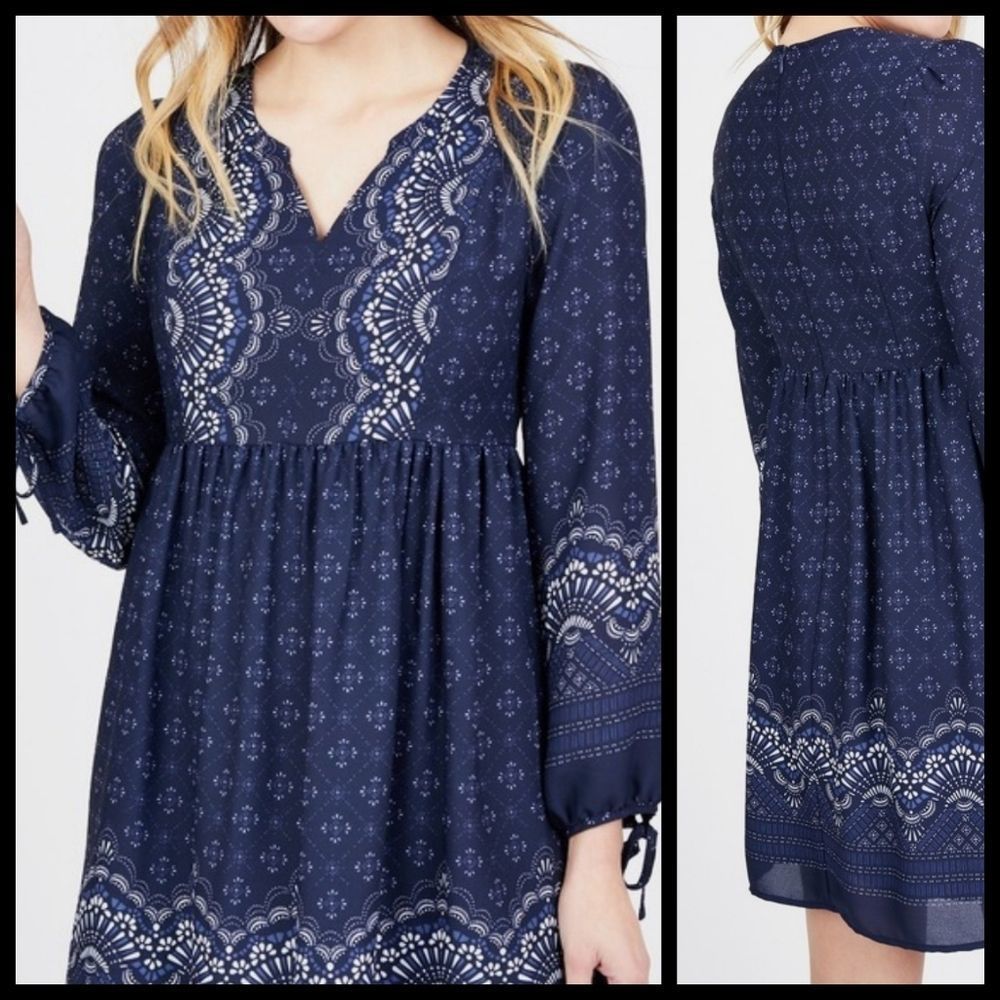 Octavia printed tie sleeve dress blue/white size S
